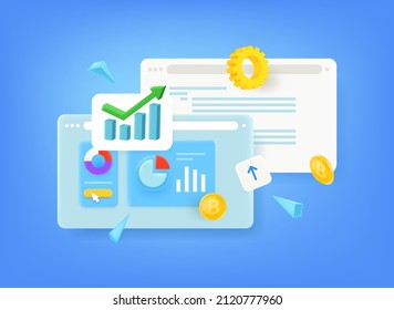 Browser windows with different charts. Internet business concept. 3d vector illustration