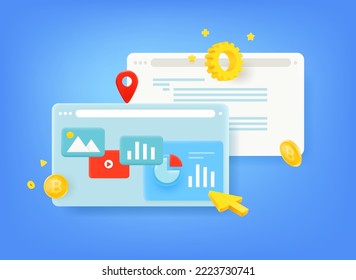 Browser windows with different charts. Internet business concept. 3d vector illustration