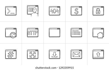 Browserfenster handgezeichnet Umriss-Symbol-Set. Umrissdoodle Icon Set für Print, Web, Mobile und Infografiken. Website und Codierung, Vektorgrafik-Set einzeln auf weißem Hintergrund.