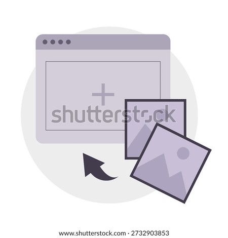 Browser windows illustrations. Photographic upload symbols. Images Vector gallery. Purple interface backgrounds