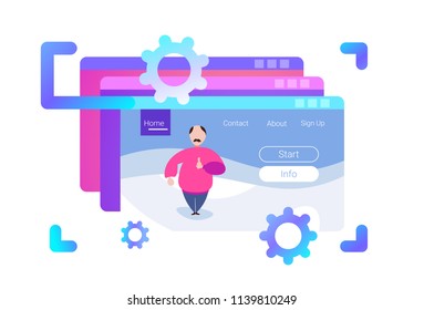 browser windows interface man silhouette standing pose thumb up background male cartoon character frame focusing full length horizontal flat vector illustration
