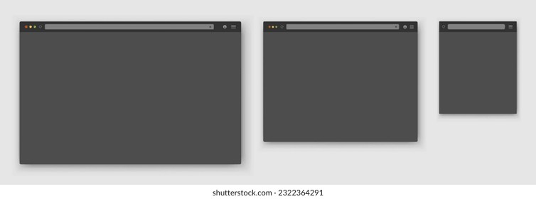 Browser windows. A set of realistic empty gray browser windows of different shapes with a toolbar, a search bar and a shadow on a light background. Vector EPS 10.