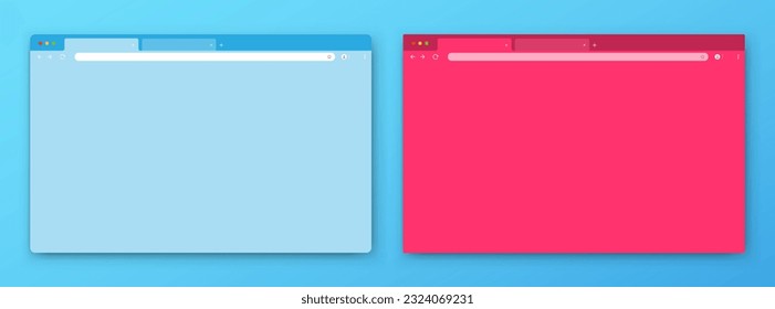 Browser windows. A set of realistic empty blue and pink browser windows with a toolbar, a search bar and a shadow on a blue gray background. 