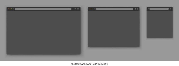Browser windows. A set of realistic empty gray browser windows of different shapes with a toolbar, a search bar and a shadow on a dark gray background. Vector EPS 10.