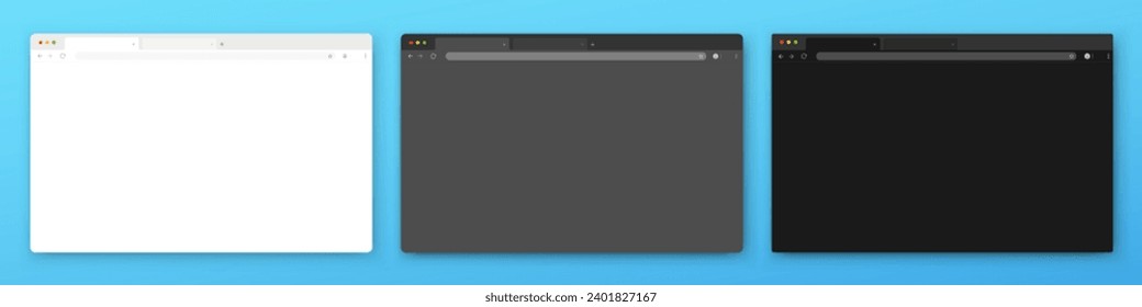 Browser windows. A set of realistic empty browser windows in white, gray and black with a toolbar, search bar and shadow on a dark blue background. Vector EPS 10.