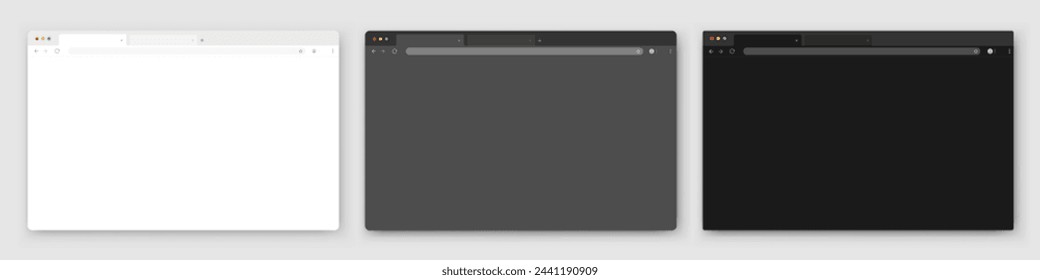 Browser windows. A set of realistic empty browser windows in white, gray and black with a toolbar, search bar and shadow on a light background. Vector EPS 10.