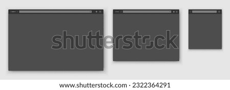 Browser windows. A set of realistic empty gray browser windows of different shapes with a toolbar, a search bar and a shadow on a light background. Vector EPS 10.