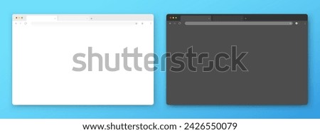 Browser windows. A set of realistic empty browser windows in white and gray with a toolbar, a search bar and a shadow on a blue background. Vector illustration.