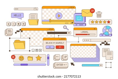 Browser Windows In The Vaporwave Style Of The 80-90s. Desktop PC With Message Windows And Pop-up User Interface Elements. Old User Interface. Vector Illustration