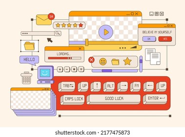 Browser windows in the vaporwave style of the 80-90s. Desktop PC with message windows and pop-up user interface elements. Old user interface and the keyboard . Vector illustration
