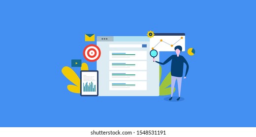 Browsing Seo results, Search engine ranking, Seo analysis and marketing - flat design vector illustration with icons and character
