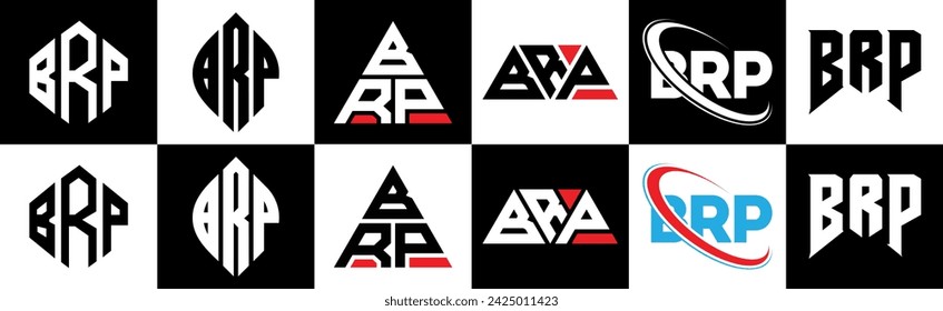 BRP-Buchstaben-Logo-Design in sechs Stilen. BRP-Polygon, Kreis, Dreieck, Sechseck, flacher und einfacher Stil mit schwarz-weißem Farbvariationsbuchstaben-Logo in einer Zeichenfläche gesetzt. BRP minimalistisches und klassisches Logo
