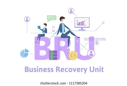 BRU, Business recovery unit. Concept with keywords, letters and icons. Colored flat vector illustration on white background.