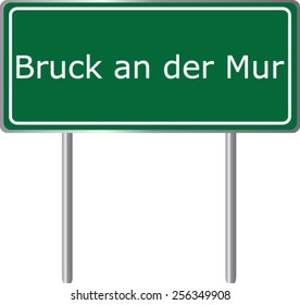 Bruck an der Mur, Austria, road sign green vector illustration, road table