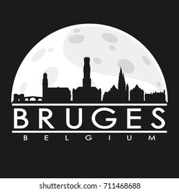 Bruges Belgium Full Moon Night Skyline Silhouette Design City Vector Art.