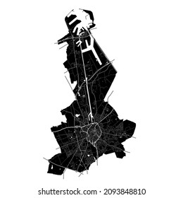 Bruges , Belgium, high resolution vector map with city boundaries, and editable paths. The city map was drawn with white areas and lines for main roads, side roads and watercourses on a black.