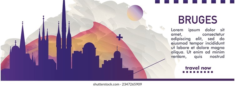 Bruges Belgium skyline cityscape abstract gradient banner art. Travel Flanders guide cover city vector template for brochure, booklet, flyer, website, page