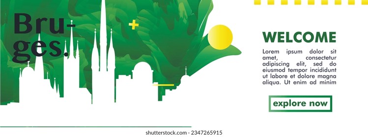Bruges Belgium skyline cityscape abstract gradient banner art. Travel Flanders guid green cover city vector template for brochure, booklet, flyer, website, page
