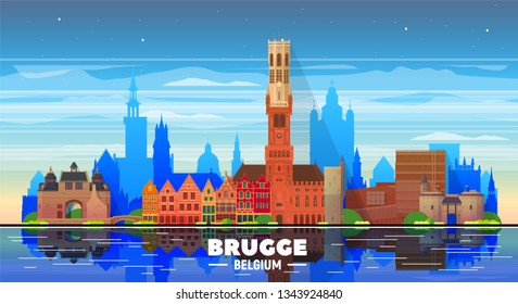 Bruges ( Brugge ) Belgium skyline with panorama at white background. Vector Illustration. Business travel and tourism concept with modern buildings. Image for banner or web site.