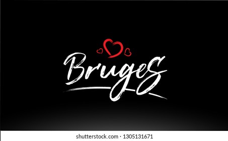 bruges city hand written text with red heart suitable for logo or typography design