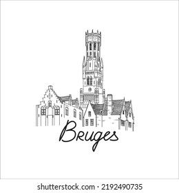 Bruges city skyline, Belgium. Beautiful city travel tower landmark line art drawing. World landscape tourism travel poster. Stylish line draw design vector illustration over white background