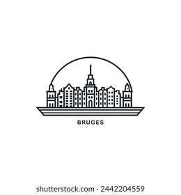 Bruges cityscape skyline city panorama vector flat modern logo icon. Belgium, Flanders town thin line landmarks and building silhouettes. Isolated graphic