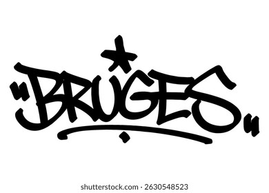 Bruges graffiti tag in bold black lettering on white background. Clean urban style, perfect for vibrant Belgian city culture, historic charm, and creative street art projects.