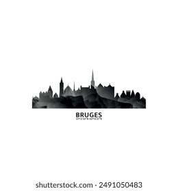 Bruges panorama, vector badge, skyline logo and icon. Belgium city horizon logotype with landmarks and building silhouettes. Isolated foggy abstract gradient graphic