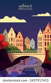 Bruges retro city poster with abstract shapes of skyline, buildings at night. Vintage Belgium Flemish town travel vector illustration