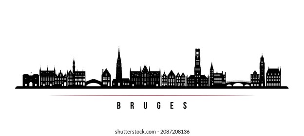 Bruges skyline horizontal banner. Black and white silhouette of Bruges, Belgium. Vector template for your design. 