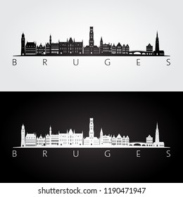 Bruges skyline and landmarks silhouette, black and white design, vector illustration.