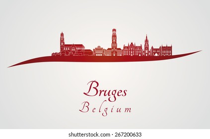 Bruges skyline in red and gray background in editable vector file
