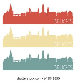 Bruges Skyline Silhouette City Famous Vector Vintage Color Set Design Logo Clip Art.
