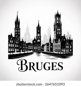 Silhueta Skyline de Bruges — Cidade belga medieval com Belfry e ilustração vetor de canais