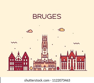 Bruges skyline,  West Flanders, Belgium. Trendy vector illustration, linear style