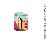 Bruges vector badge, flat skyline logo, icon. Vintage Belgium, Flanders city horizon landmark emblem with buildings. Isolated graphic