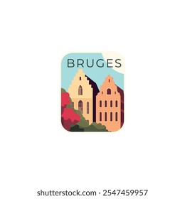 Bruges vector badge, flat skyline logo, icon. Vintage Belgium, Flanders city horizon landmark emblem with buildings. Isolated graphic