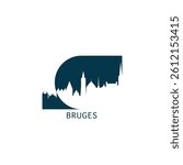 Bruges vector icon with skyline, panoramic view, city shape. Belgium landmarks logo concept. Blue flat isolated graphic, badge