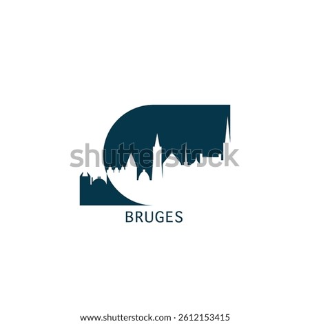 Bruges vector icon with skyline, panoramic view, city shape. Belgium landmarks logo concept. Blue flat isolated graphic, badge