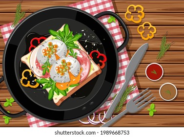 Plato de brunch o desayuno con dibujos animados en la ilustración de la mesa