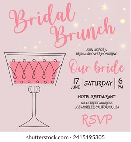 Brunch and bridal. Bridal shower invitation with glass of champagne on pink background. Bachelorette party invitation template with pink glasses. Vector illustration. Bubble brunch.