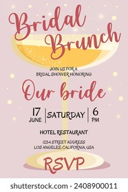 Brunch and bridal. Bridal shower invitation with glasses of champagne on pink background. Bachelorette party invitation template. Vector illustration. Bubble brunch.