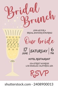 Brunch and bridal. Bridal shower invitation with glasses of champagne on pink background. Bachelorette party invitation template. Vector illustration. Bubble brunch.