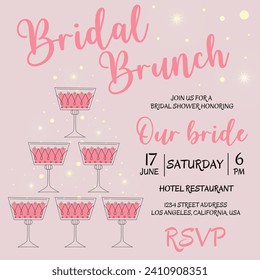 Brunch and bridal. Bridal shower invitation with glasses of champagne on pink background. Bachelorette party invitation template with tower of glasses. Vector illustration. Bubble brunch. 