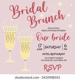 Brunch and bridal. Bridal shower invitation with glasses of champagne on pink background. Bachelorette party invitation template. Vector illustration. Bubble brunch.