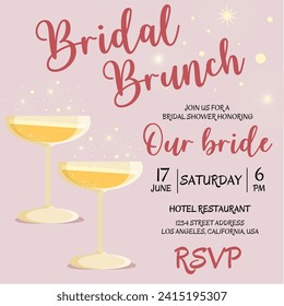 Brunch and bridal. Bridal shower invitation with glasses of champagne on pink background. Bachelorette party invitation template. Vector illustration. Bubble brunch.