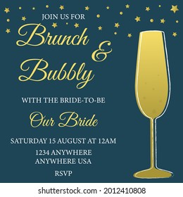 Brunch And Bubbly. Bridal Shower Invitation With The Glass Of Champagne And Stars. Vector Illustration