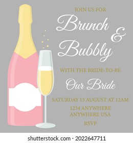 Brunch And Bubbly. Bridal Shower Invitation With Glass Of Champagne And Pink Bottle On Grey Background. Vector Illustration