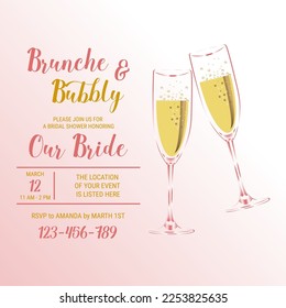 Brunch and bubbly. Bridal shower invitation with glasses of champagne on pink background. Vector illustration