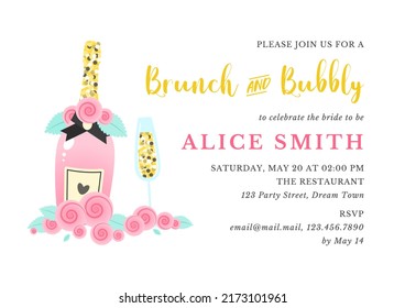 Brunch and bubbly invitation template. Bridal Shower background decorated with pink champagne bottle, wine glasses and roses. Vector 10 EPS.